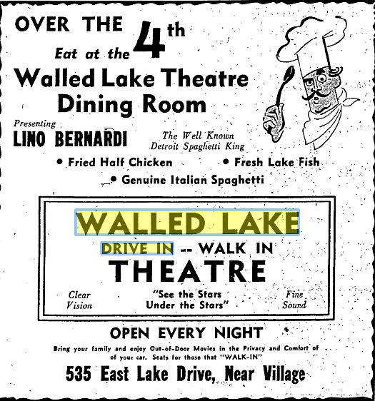 July 3 1946 ad Walled Lake Drive-In Theatre, Walled Lake